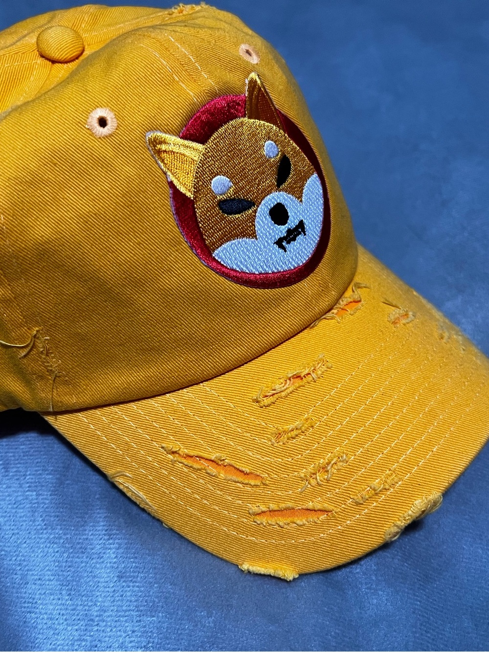 Yellow Distressed Baseball Cap with Fox Patch